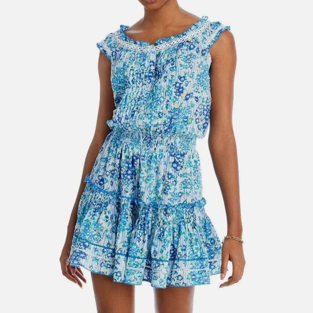 Poupette St Barth Womens Alba Blue Floral Print Cotton Mini Dress NWT